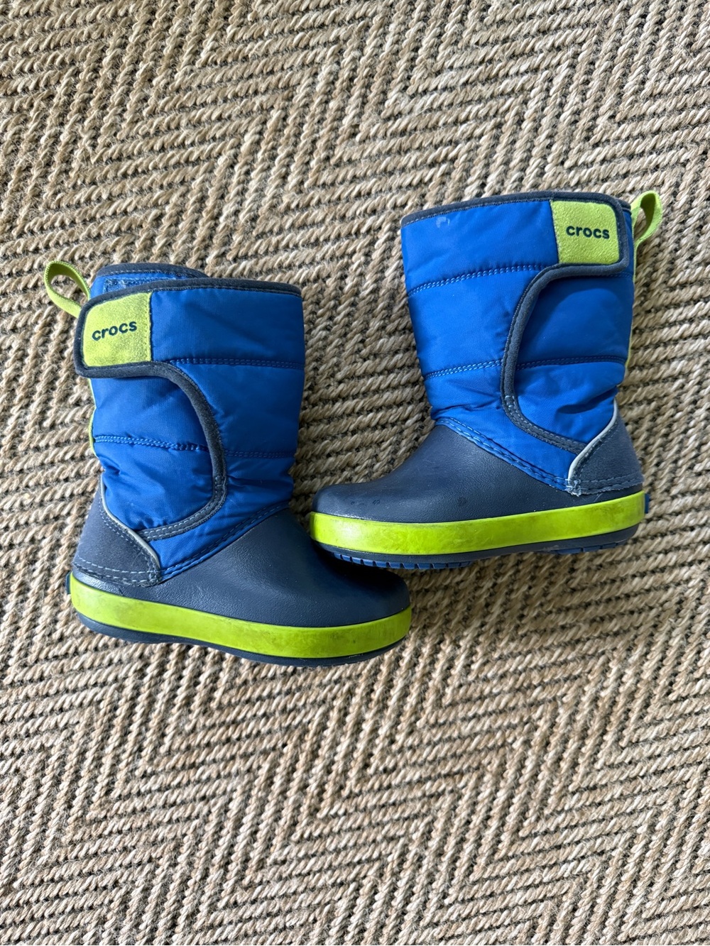 CROCS Kids Blue and Lime Rain Snow Boots